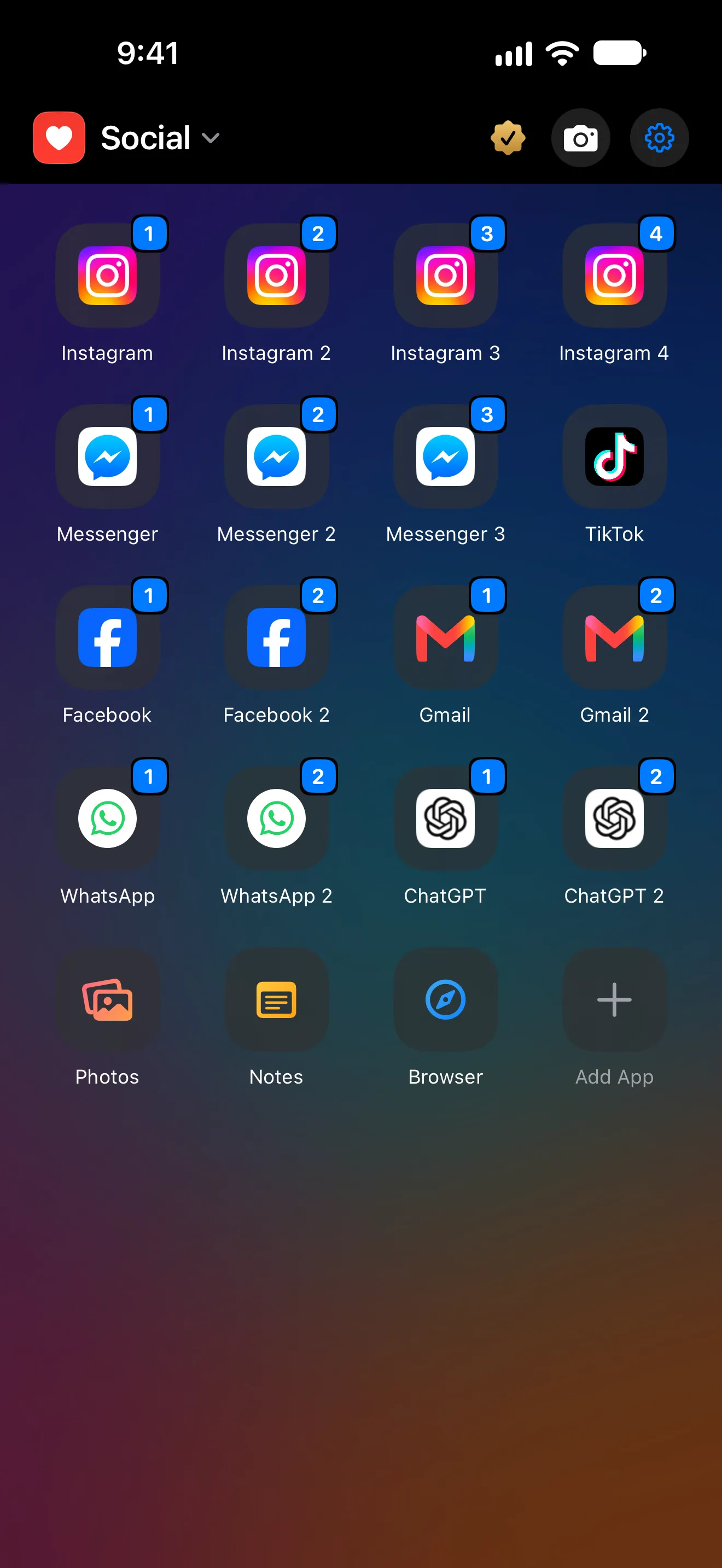 A SideSpace Space called Social with numbered accounts of Instagram, Messenger, Facebook, Gmail, WhatsApp and ChatGPT, and Photos, Notes and Browser below