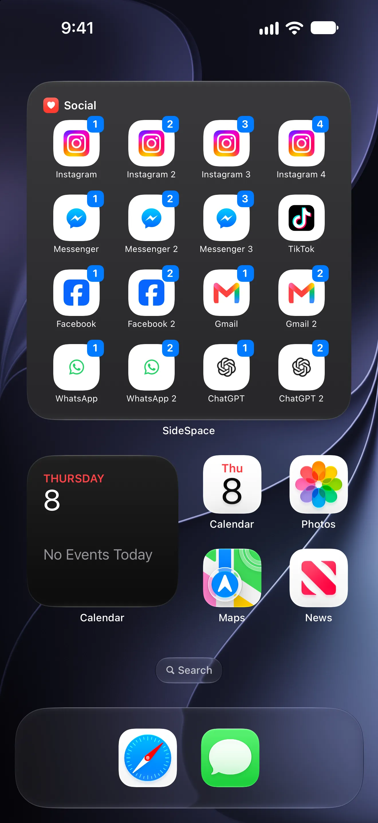 An iPhone Home Screen with SideSpace's Social widget: Instagram 1 to 4, Messenger 1 to 3, Facebook, Gmail, WhatsApp and ChatGPT, each account numbered